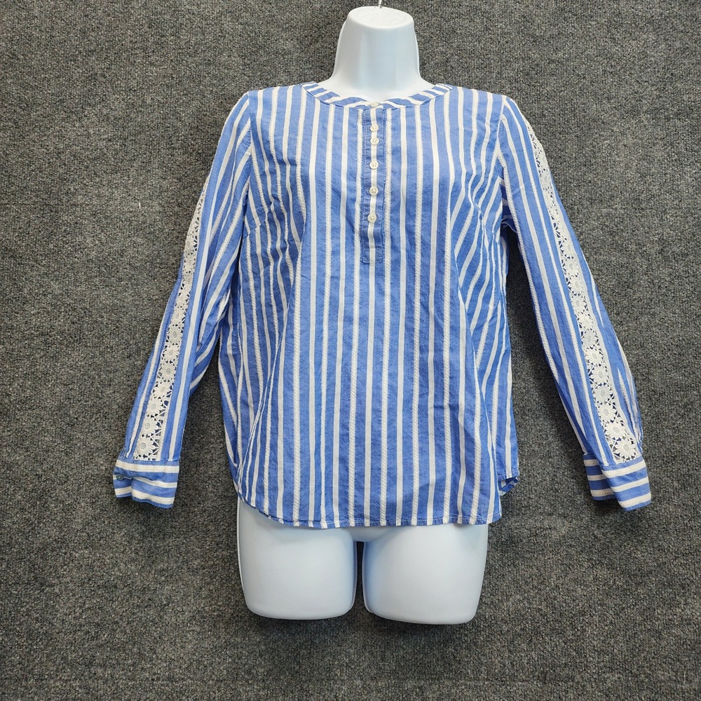 Talbots Women's Striped Lace Sleeve Henley Cotton Top Preppy Coastal Nautical MP